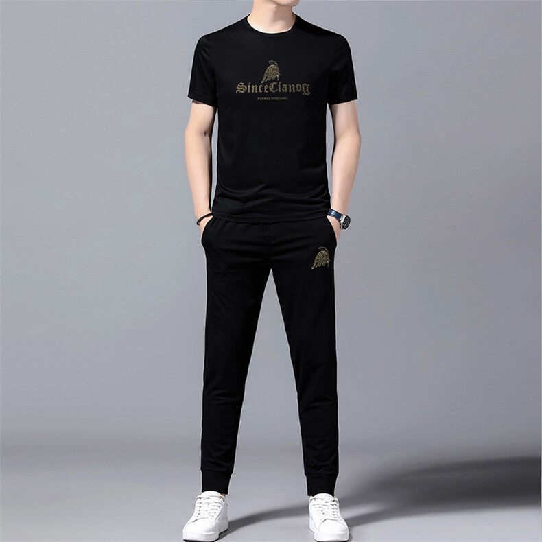 男士2023年夏季新款T恤短袖长裤商务休闲男运动两件套套装，男装休闲套装，电商B360