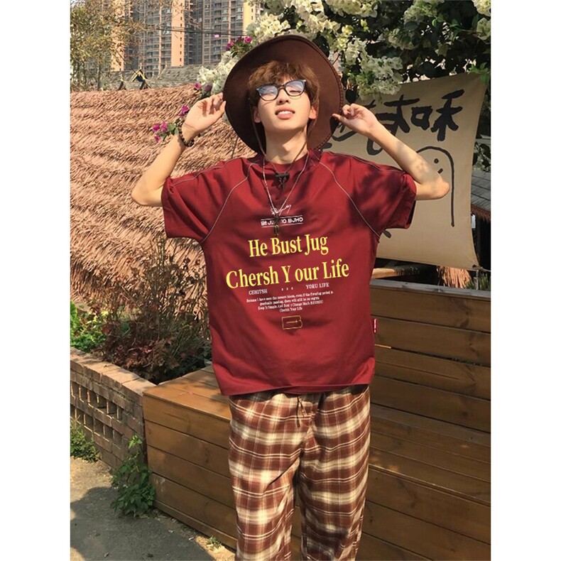 抖音得物品质240克宽松纯棉美式高街夜光反光工艺印花短袖T恤,男装T恤,电商A486