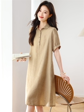 夏季薄款天丝亚麻连衣裙女2025新款宽松中年妈妈减龄翻领直筒裙子，女装连衣裙，依恋蒂丝