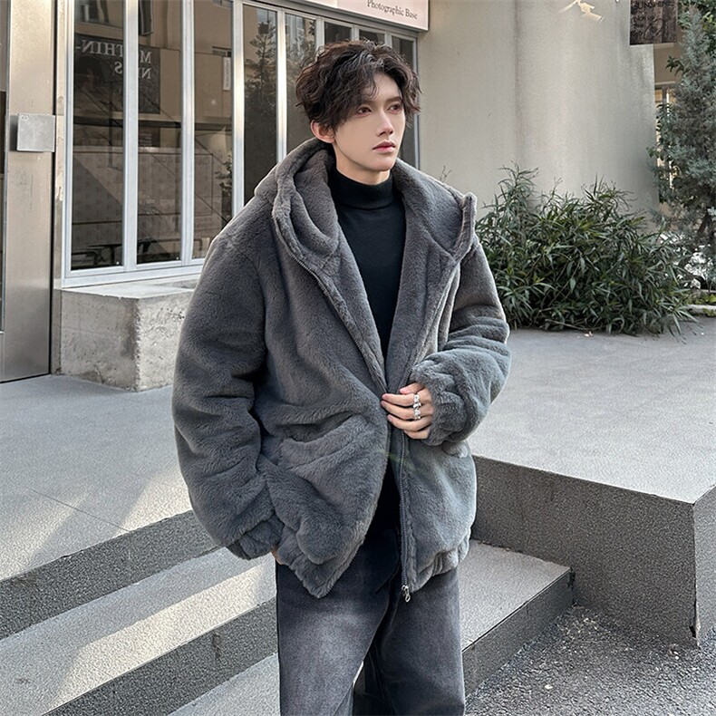仿皮草夹棉连帽高领外套冬季水貂绒痞帅加厚连帽开衫上衣892p125，男装棉衣，电商A458A