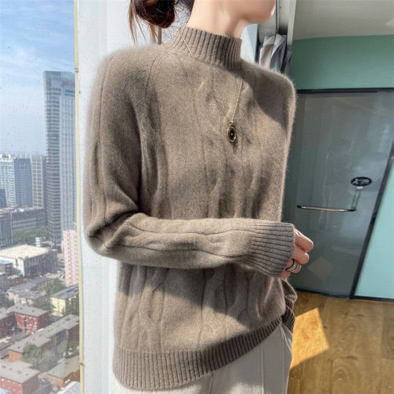 100%纯羊毛衫女半高领加厚立体扭花针织衫毛衣宽松慵懒羊绒衫上衣,女装羊绒衫,昭美羊绒