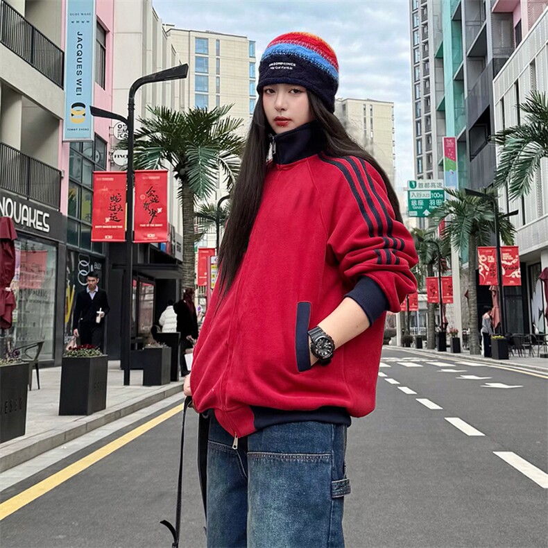 抖音得物高品质美式高街重磅结构设计拼接织带立领卫衣外套CM42,女装短外套,电商A486-1