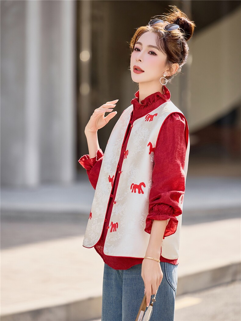 6302常规马图提花印花圆领撞色马甲春装外套,女装马甲,微微衣阁