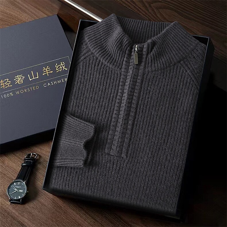 男士秋冬季新款简约休闲元宝针半高拉链35%羊绒衫，男装羊绒套衫，台绒羊绒