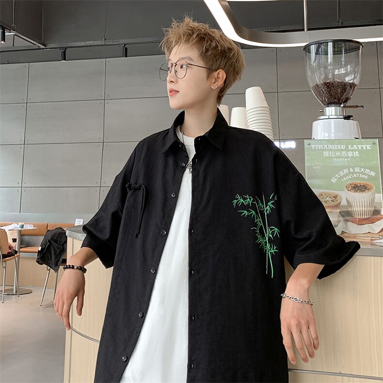 中式复古竹子印花竹节棉垂感短袖袖衬衫CS2411特p42控78抖音控89,男装衬衫,电商B370