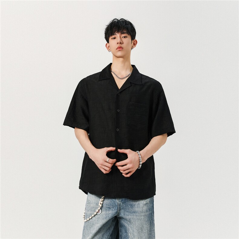 夏季美式复古慵懒衬衫男士百搭宽西装领松短袖衬衫C53/P75119,男装衬衫,星座202