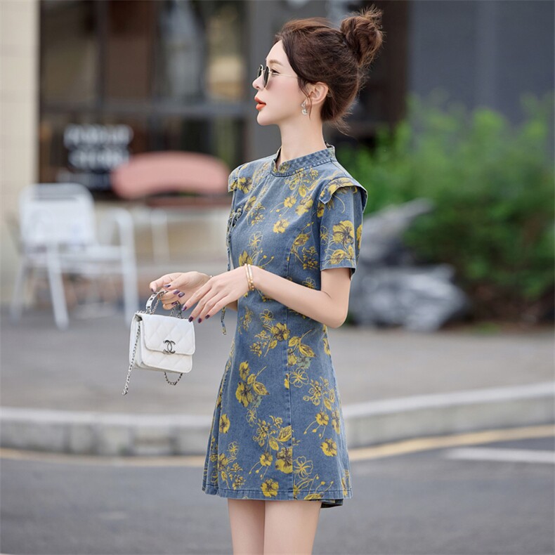2025夏季新款时尚超好看高级感新中式国风盘扣印花牛仔短裤套装女,女装套装/套裙,依路服饰