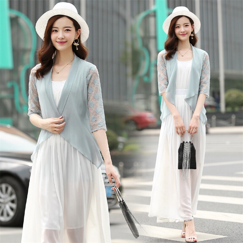 2025年夏季薄款短款七分袖披肩型蕾丝拼接开衫外披纯色百搭，女装防晒衣，婵米儿