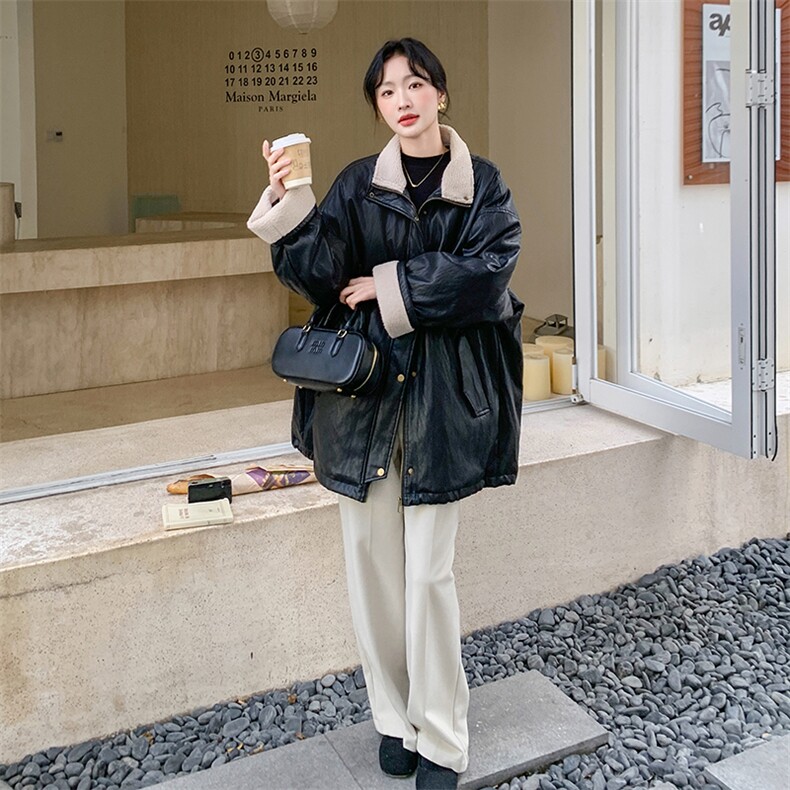 新款皮衣拼接羊羔毛羽绒服9932-P265-K388,女装短外套,2C129