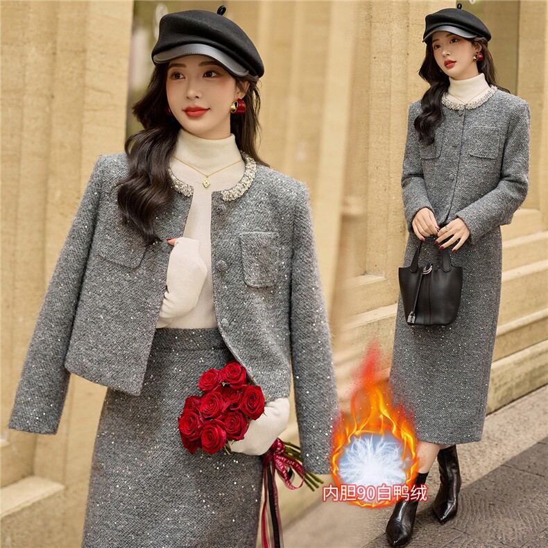 2025新款bao款小香风羽绒服套装女秋冬气质富家千金套装裙羊毛，女装套装/套裙，小九月