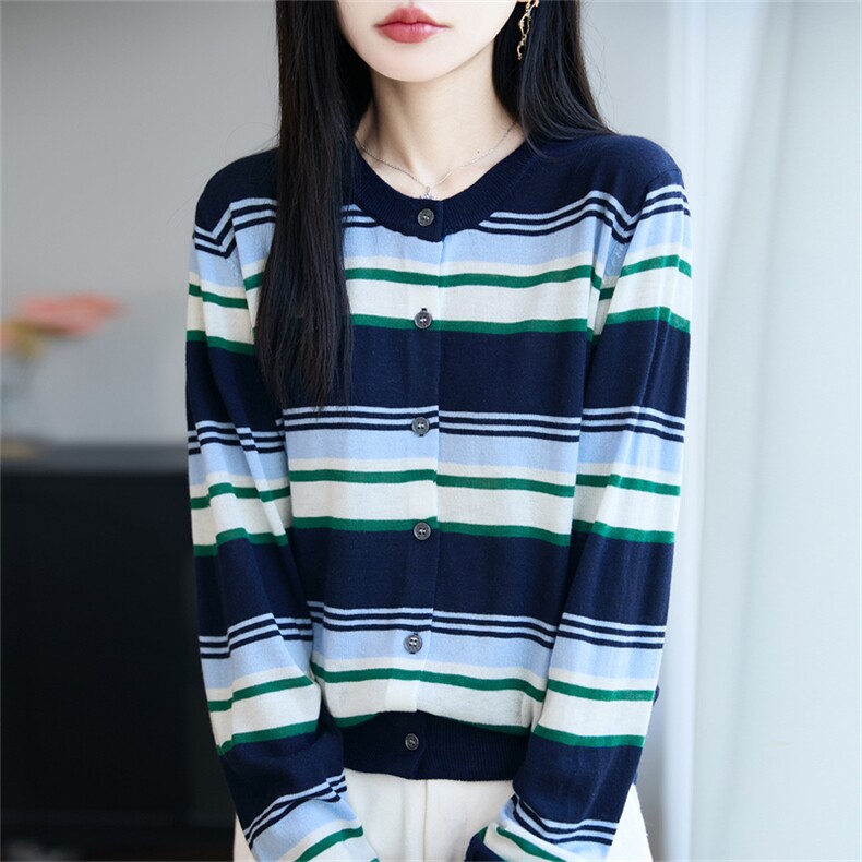 撞色条纹针织开衫女小个子外套薄毛衣2025新款洋气减龄外搭上衣,针织衫/毛衣,郡淞羊绒