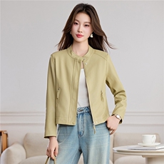 常规无袖口设计2026年春季薄斜插袋修身立领聚酯纤维合成革休闲风，女装皮衣，悦祺