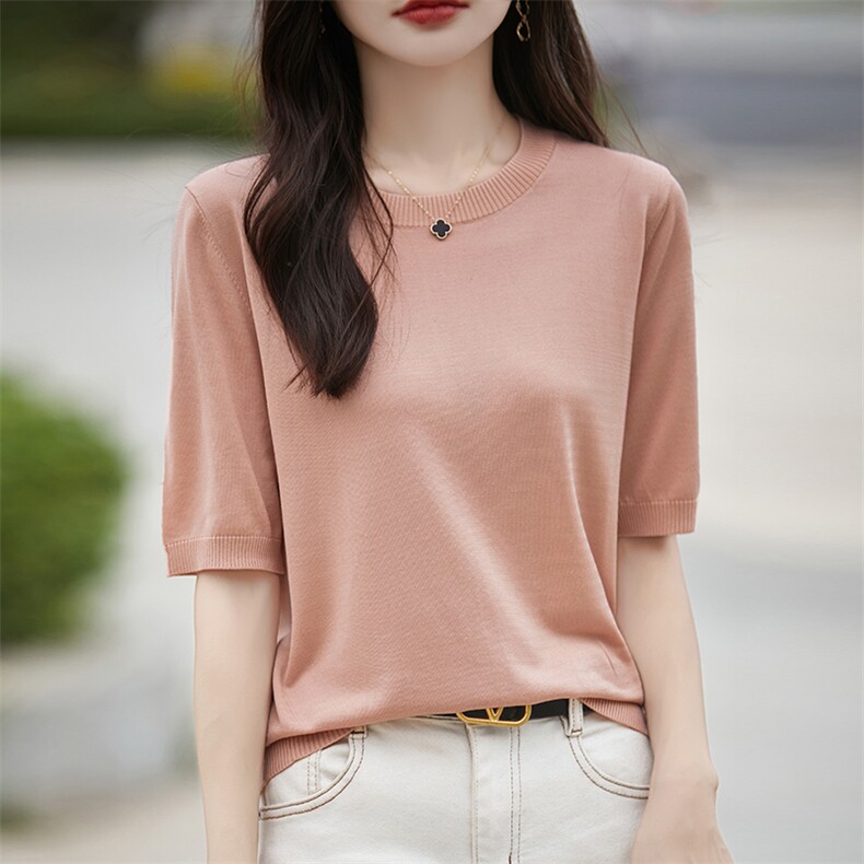 法式轻薄圆领针织短袖T恤女简约宽松休闲纯色正肩半袖百搭上衣夏，女装针织衫/毛衣，丹芙娇羊绒