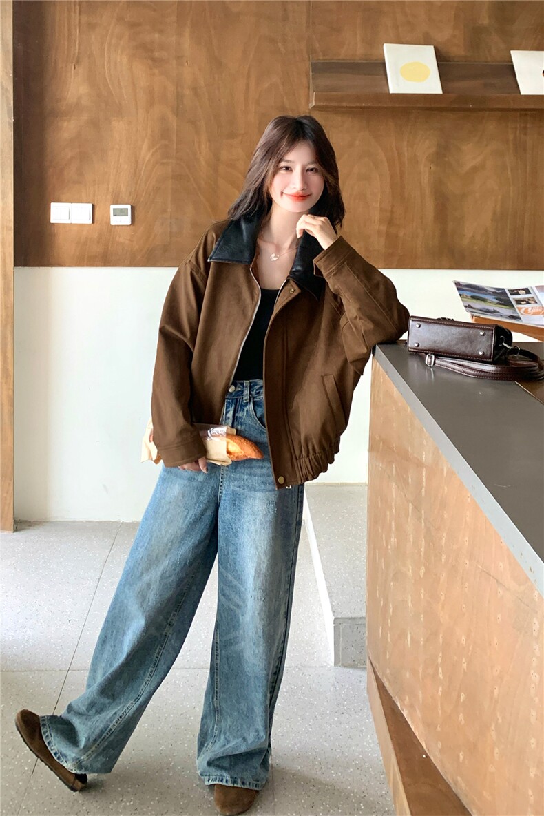 美拉德麂皮绒外套女宽松2025秋新款甜酷风小个子百搭短款夹克上衣,女装短外套,2C126