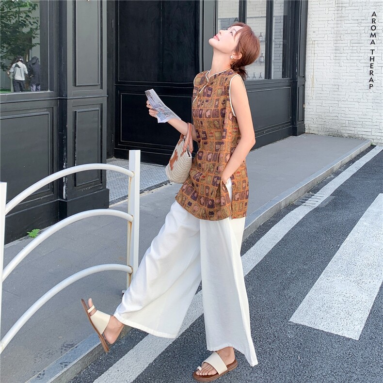 新中式国风印花背心阔腿裤套装女夏2025新款两件套巨好看绝美俏皮,女装套装/套裙,2C233