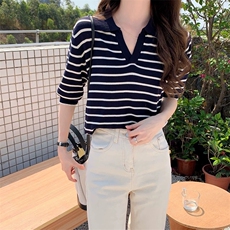 黑白条纹polo简约夏季复古翻领针织衫上衣宽松百搭直筒短袖T恤女，女装针织衫/毛衣，百色羊绒