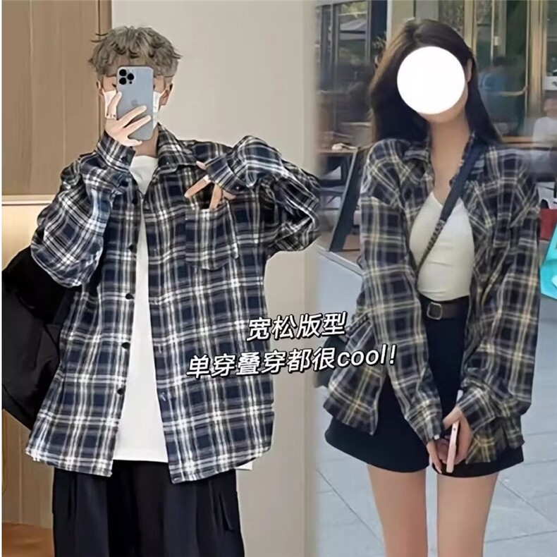 复古格子长袖衬衫男春秋宽松防晒衬衣外套衬衫网图CS120-P32有货,男装防晒衣,星座302B