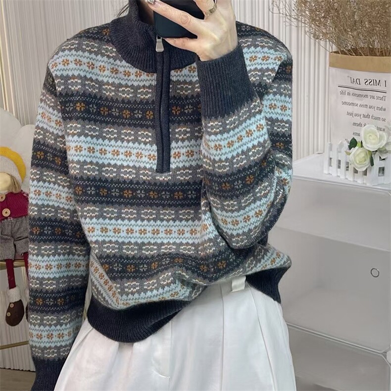 2025年秋季时尚百搭休闲费尔岛加厚半拉链,女装羊毛衫,新胜羊绒
