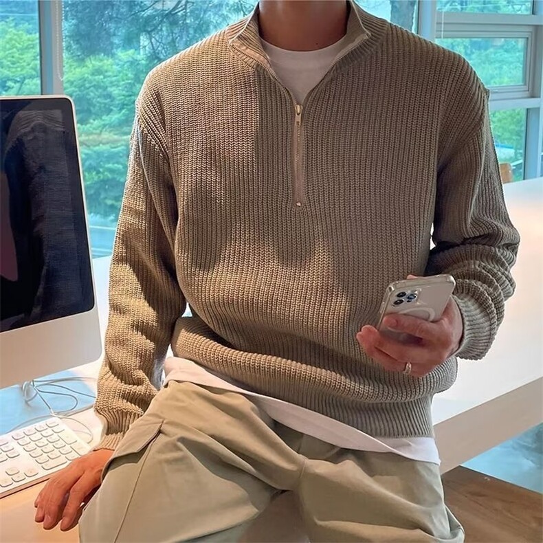 半高领拉链针织衫男美式复古宽松落肩长袖t恤慵懒风套头毛衣外套，男装T恤，星座1210-1