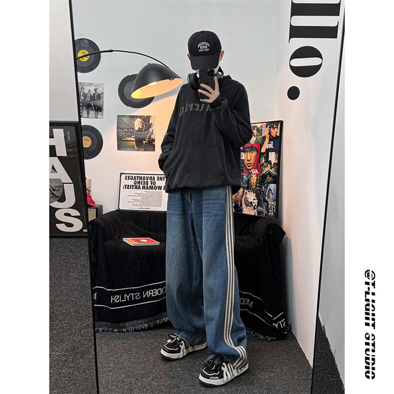 B221美式ins高街小众宽松三条杠运动牛仔裤LK23130-P60控78,男装牛仔裤,电商B221