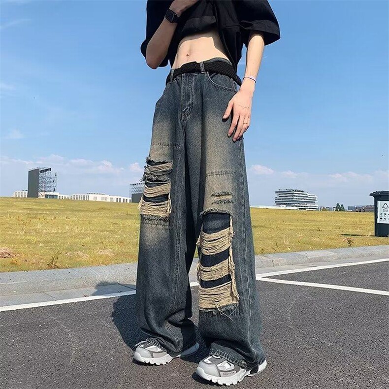 2024破洞牛仔裤男秋季复古水洗做旧阔腿裤宽松直筒休闲NZ093-P50,男装牛仔裤,星座1103-2