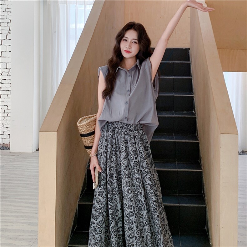 现货~休闲衬衫上衣+复古印花阔腿裤套装2C118-T698-P155控228,女装套装/套裙,2C118