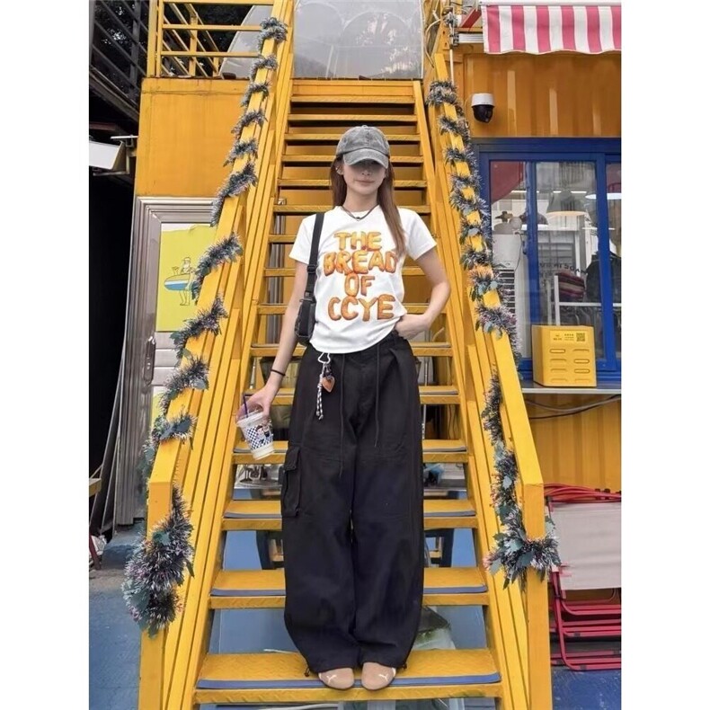 高街水洗个性抽绳腰工装裤男女显瘦宽松重磅大口袋阔腿微喇灯笼裤,男装工装外套,星座218-1（原230）