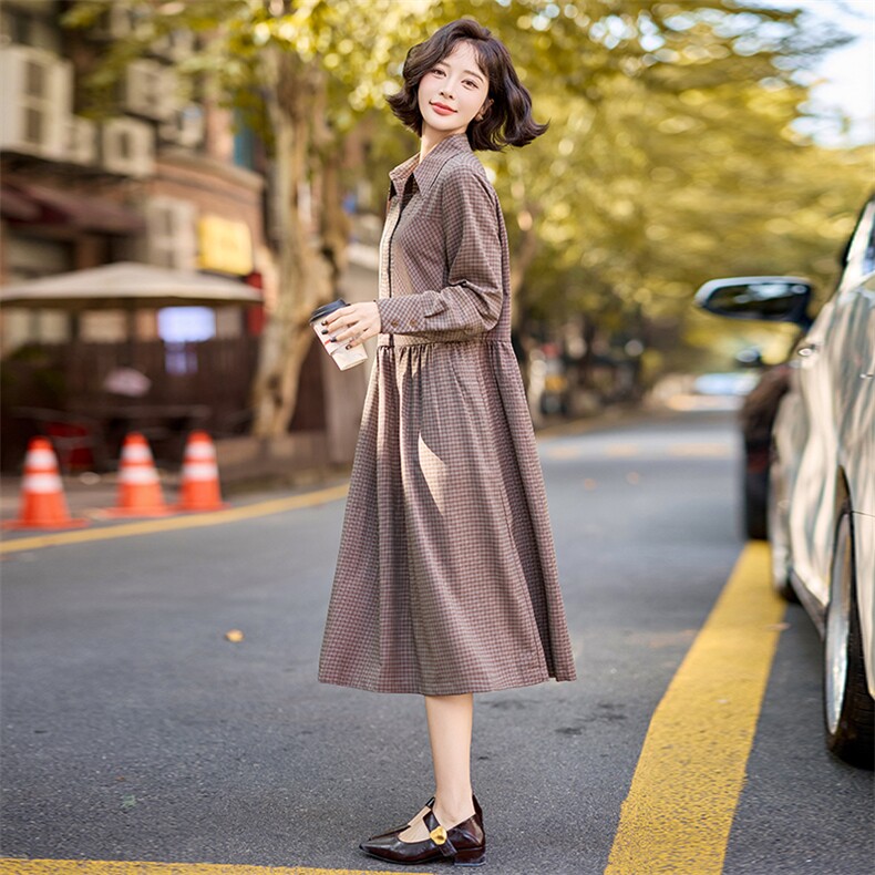 格纹衬衫连衣裙女2025春季新款宽松显瘦气质名媛收腰长裙,商品下架区,水衣源