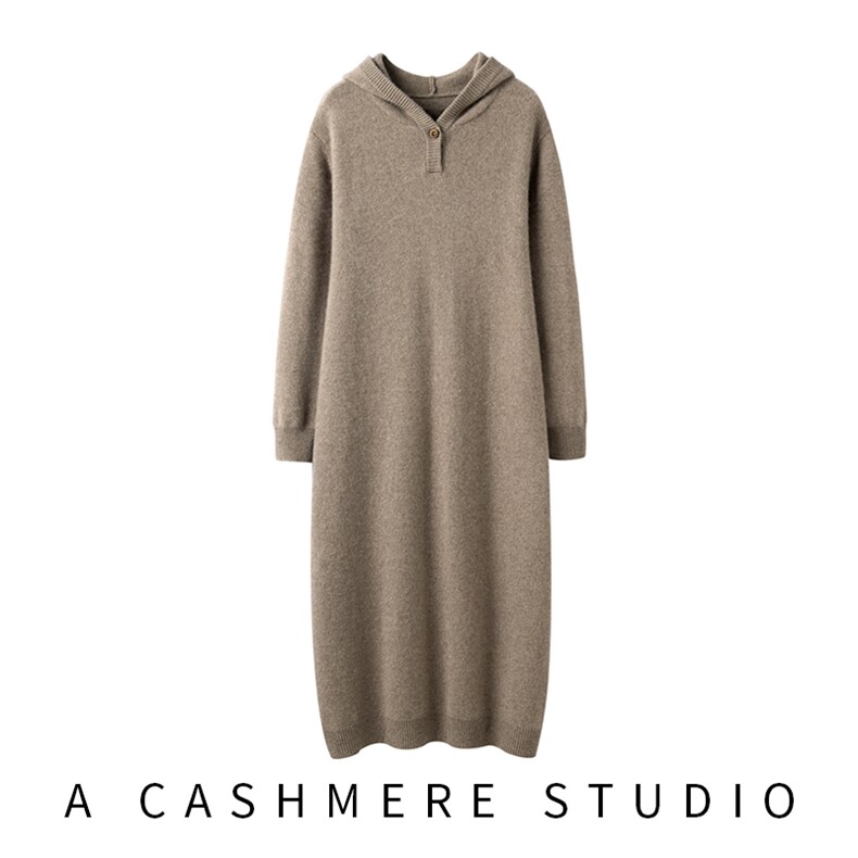 2025年秋季时尚百搭通勤简约休闲双股加厚连帽过膝长裙，女装连衣裙，萨奥羊绒
