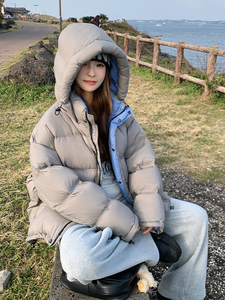 休闲灰色连帽短款泡芙羽绒服女冬超火好看高级小众加厚面包服外套图片