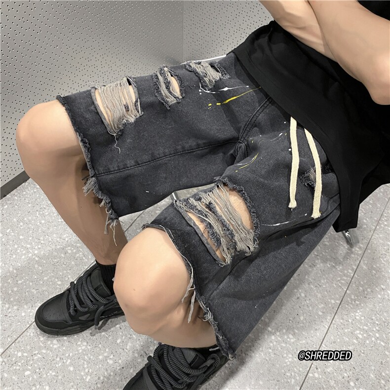 夏季港风破洞牛仔裤印花宽松休闲短裤五分裤B315-K5018-P45控58,男装牛仔裤,电商B315