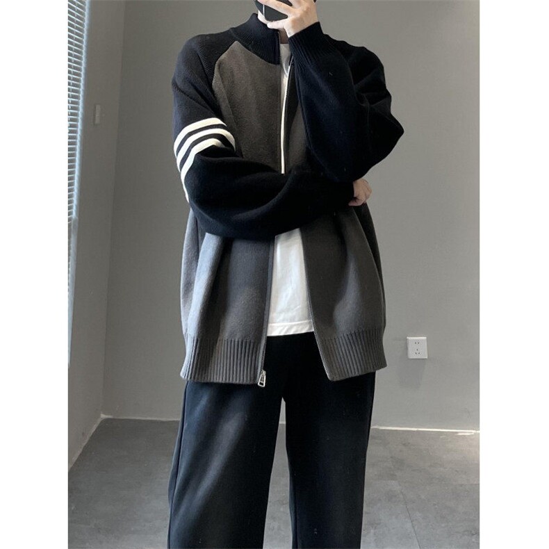 网图现货84888-P70毛衣开衫三条杠撞色针织休闲宽松秋季运动外套,男装针织衫/毛衣,电商D310B