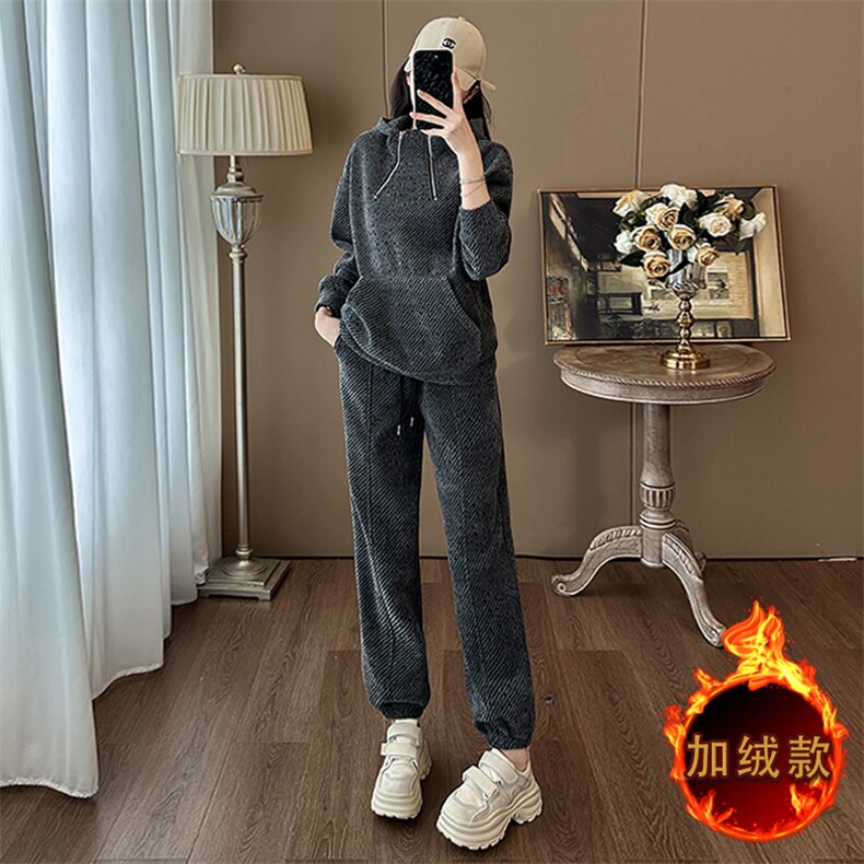 时尚黑灰色加绒加厚卫衣卫裤套装 显瘦保暖休闲运动服图片