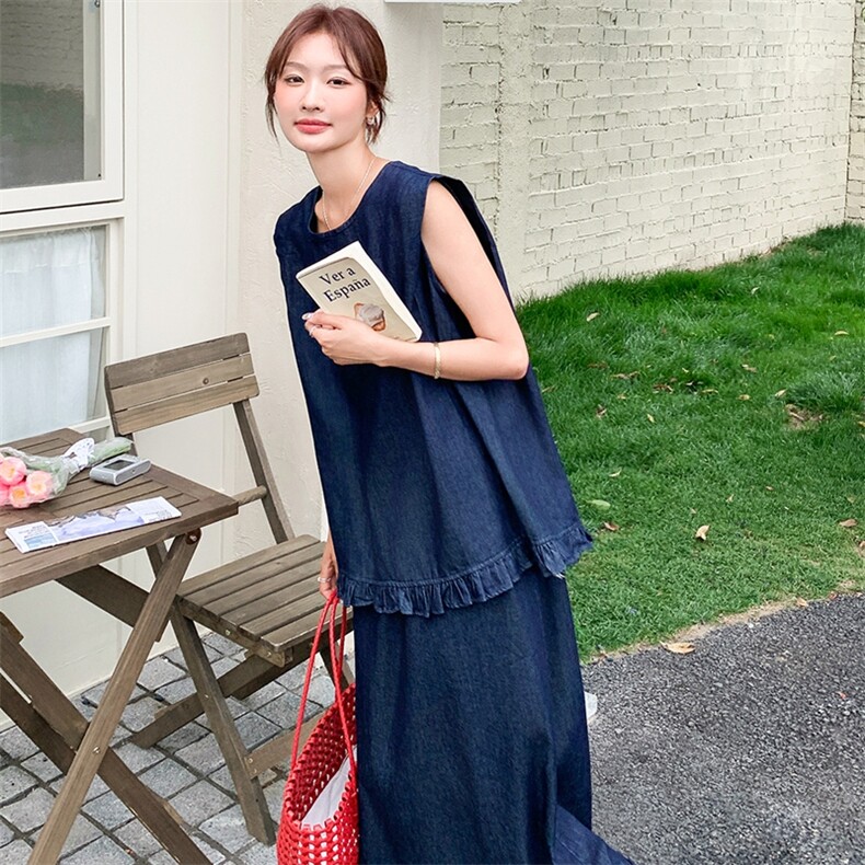 老钱风穿搭薄款牛仔无袖背心套装女夏新款休闲显瘦半身裙两件套,女装套装/套裙,浙宝305
