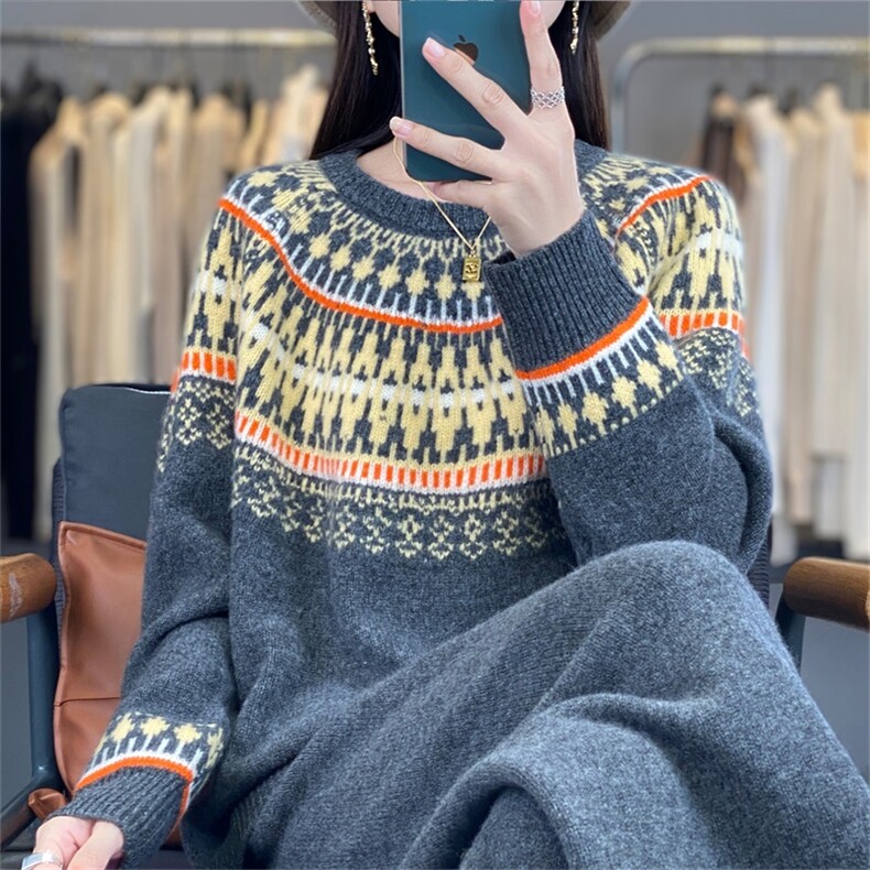 2025年秋季新款百搭女士重工三股加厚费尔岛套装,女装羊毛衫,宛庄羊绒