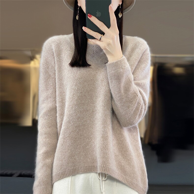 2024秋季新款低V领廓版长袖纯色羊毛套头衫休闲百搭,女装羊毛衫,美雪羊绒
