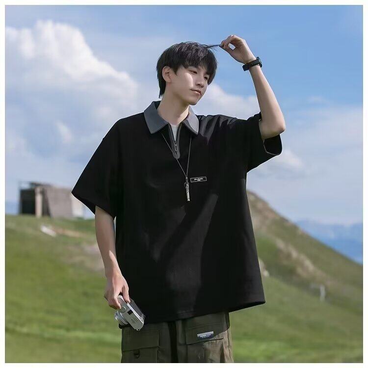 wassuphappy半拉链短袖t恤男夏季潮牌美式上衣青少年休闲五分袖,男装T恤,星座1001-1