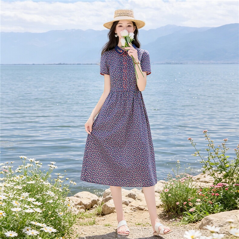 田园风碎花刺绣连衣裙女春夏收腰显瘦中长裙（细节图颜色为准）,女装连衣裙,水衣源