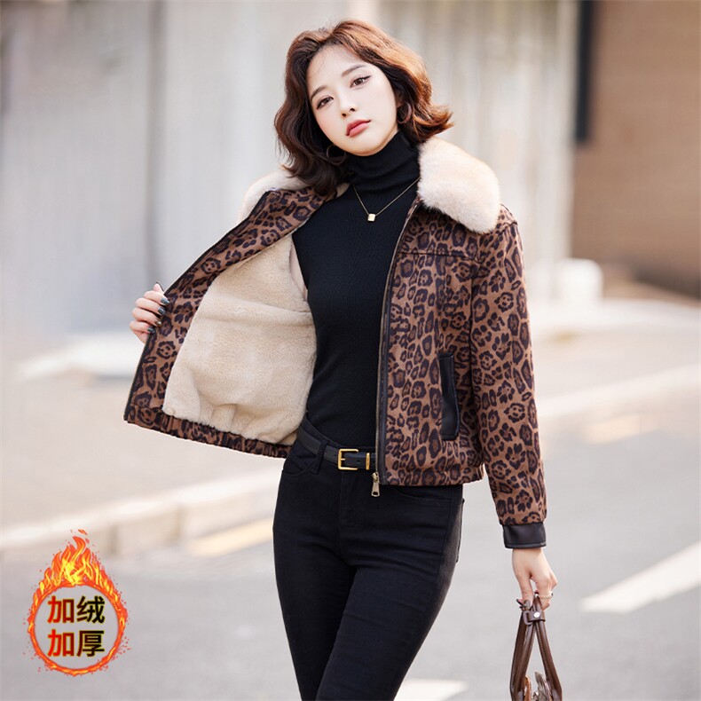 高端欧货2024新款麂皮拼接皮毛一体加绒加厚机车服豹纹外套女冬，女装羊羔毛/颗粒绒，江南女神