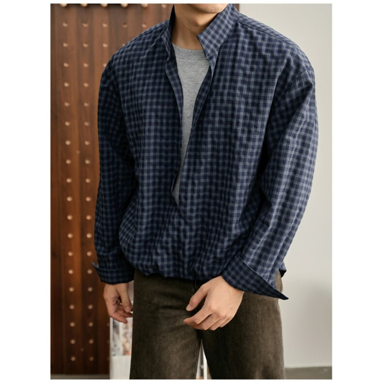 新款复古松弛通勤格子衬衫男女中性风高级长袖上衣潮，男装衬衫，星座410-7