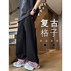 潮流时尚复古美式拼接格子牛仔裤阔腿宽松长裤K882特批5089，男装牛仔裤，星座718-1