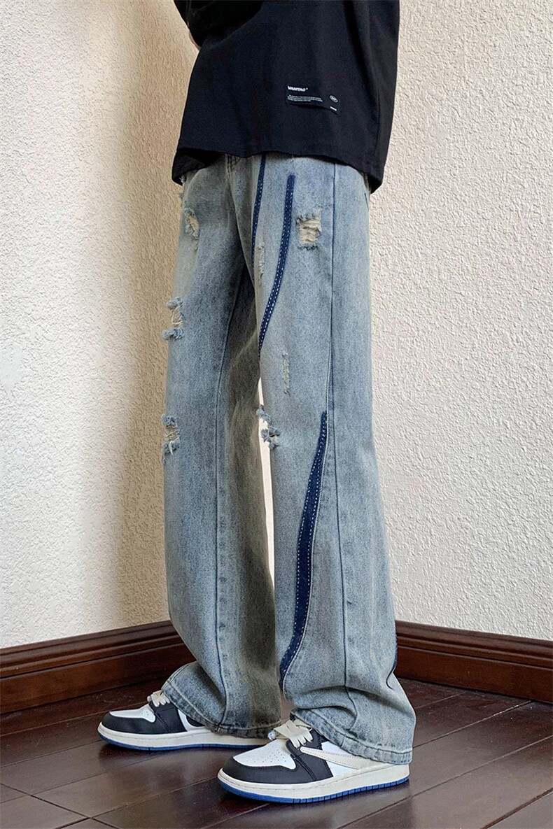 B221美式ins高街小众男女个性款微喇破洞牛仔裤LK23001-P65控88,男装牛仔裤,电商B221
