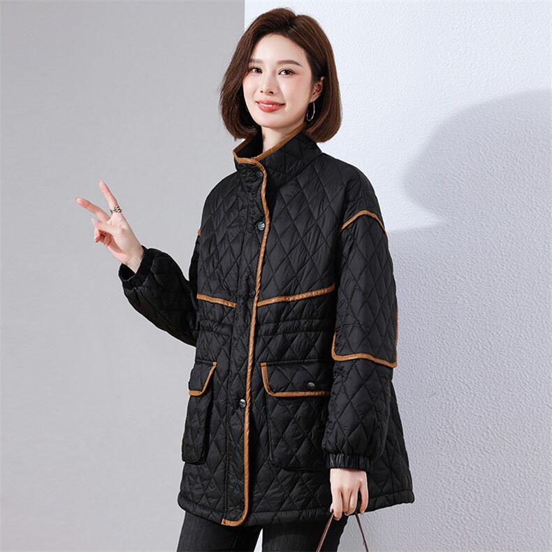 现货2024冬季新款时尚腰间抽绳休闲复古菱格中长款棉衣,女装棉衣/棉服,深水步