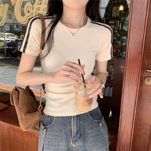 ZT5960-P38复古条纹撞色t恤女夏季辣妹圆领修身显瘦短袖上衣图片