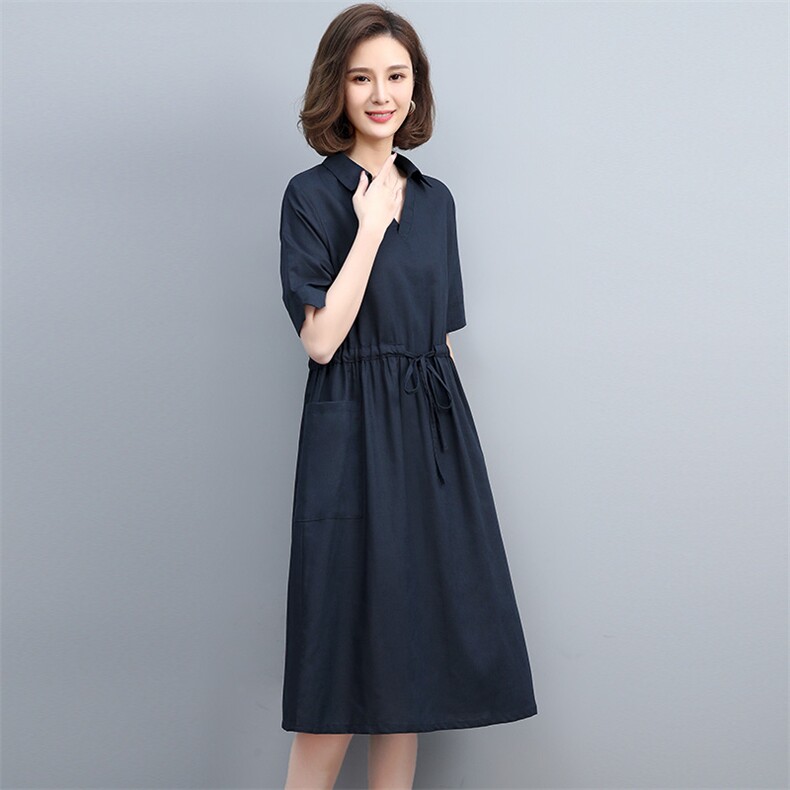 夏季棉麻中长连衣裙V领宽松显瘦系带真口袋咖啡中年妈妈大码裙子,女装连衣裙,丽影随形