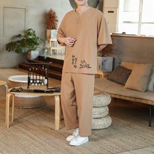 2021夏新风咖啡厅盘扣装饰亚麻男大码印花短袖套装TZ001-P60，男装套装，电商A082