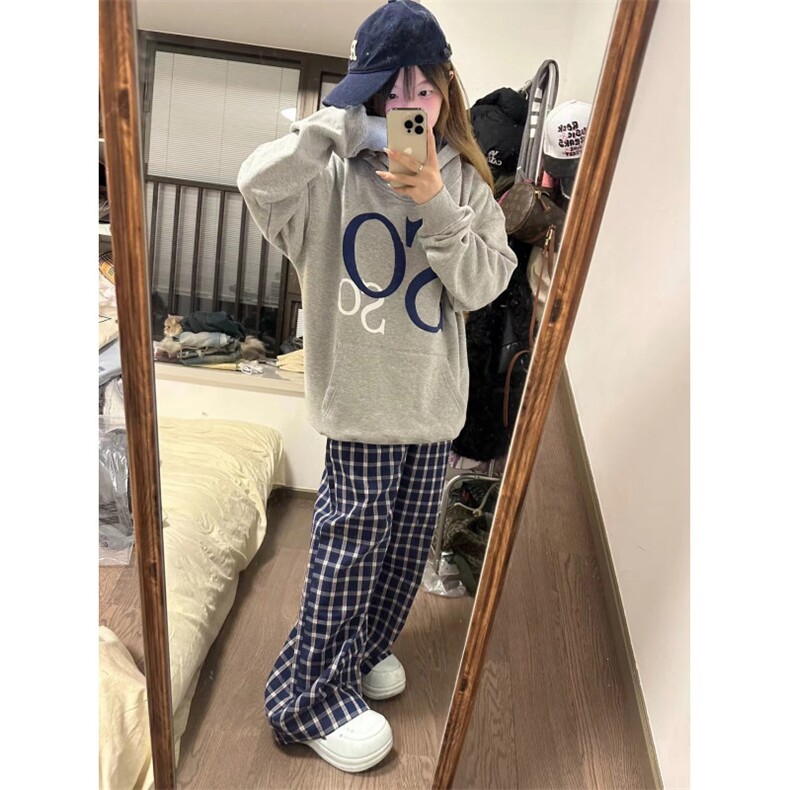 【有货】蓝色格子阔腿裤男女美式复古hiphop裤子宽松X814HH-特P50,男装休闲裤,星座1007（原301D）
