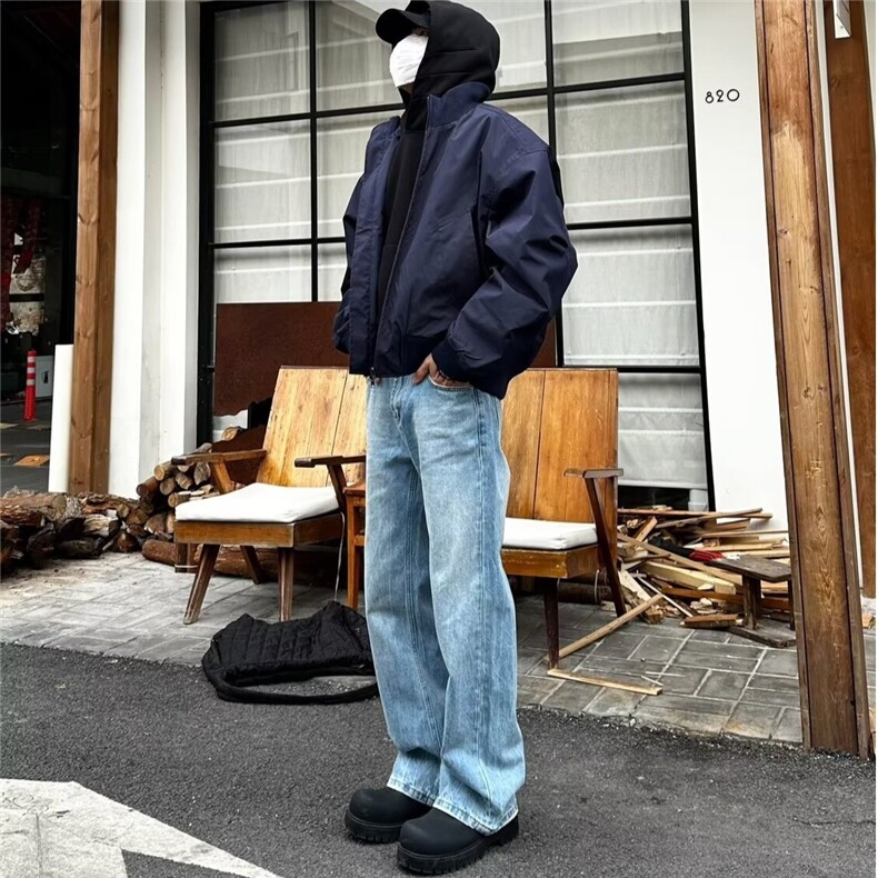 春季新款闪电裂纹水洗浅蓝色牛仔裤男显瘦破洞情侣百搭微喇直筒裤,男装牛仔裤,星座506A
