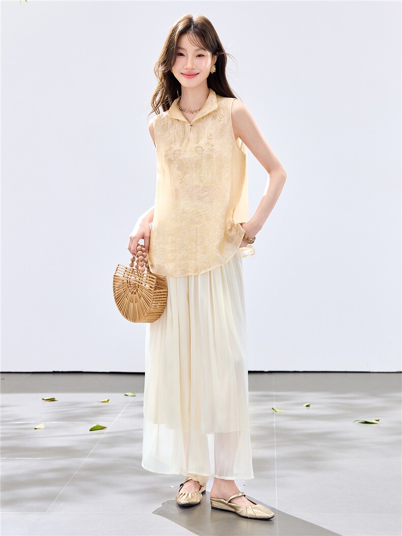 夏季新款现货！2026洋气时尚百搭款刺绣上衣+琉璃亮光阔腿裤套装,女装套装/套裙,宝儿家