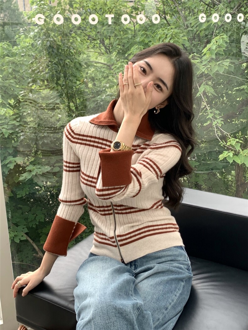 时尚新款条纹开衫女翻领纯色毛衣修身拉链针织外套,针织衫/毛衣,玛卡隆羊绒